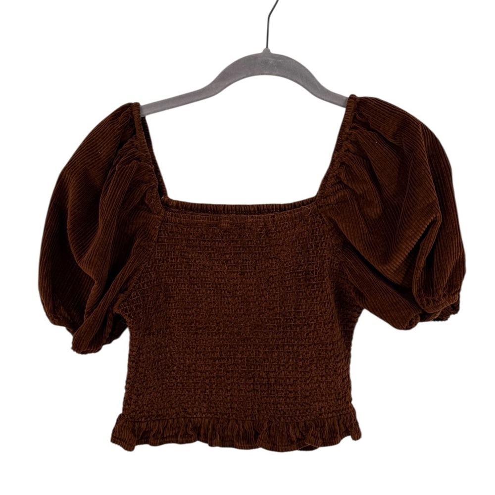 American Eagle Womens Brown Corduroy Smocked Long Sleeve Crop Top Boho Medium